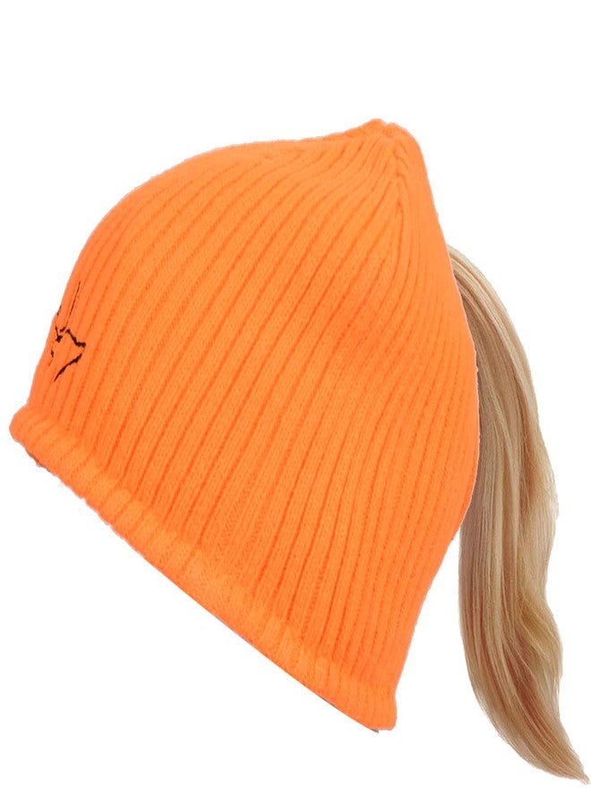 EDTREK Womens Performance Reversible Ponytail Beanie - Windproof Fleece Winter Hat for Hiking Hunting Fishing (Blaze Orange-in Deep Camo) - Image 3